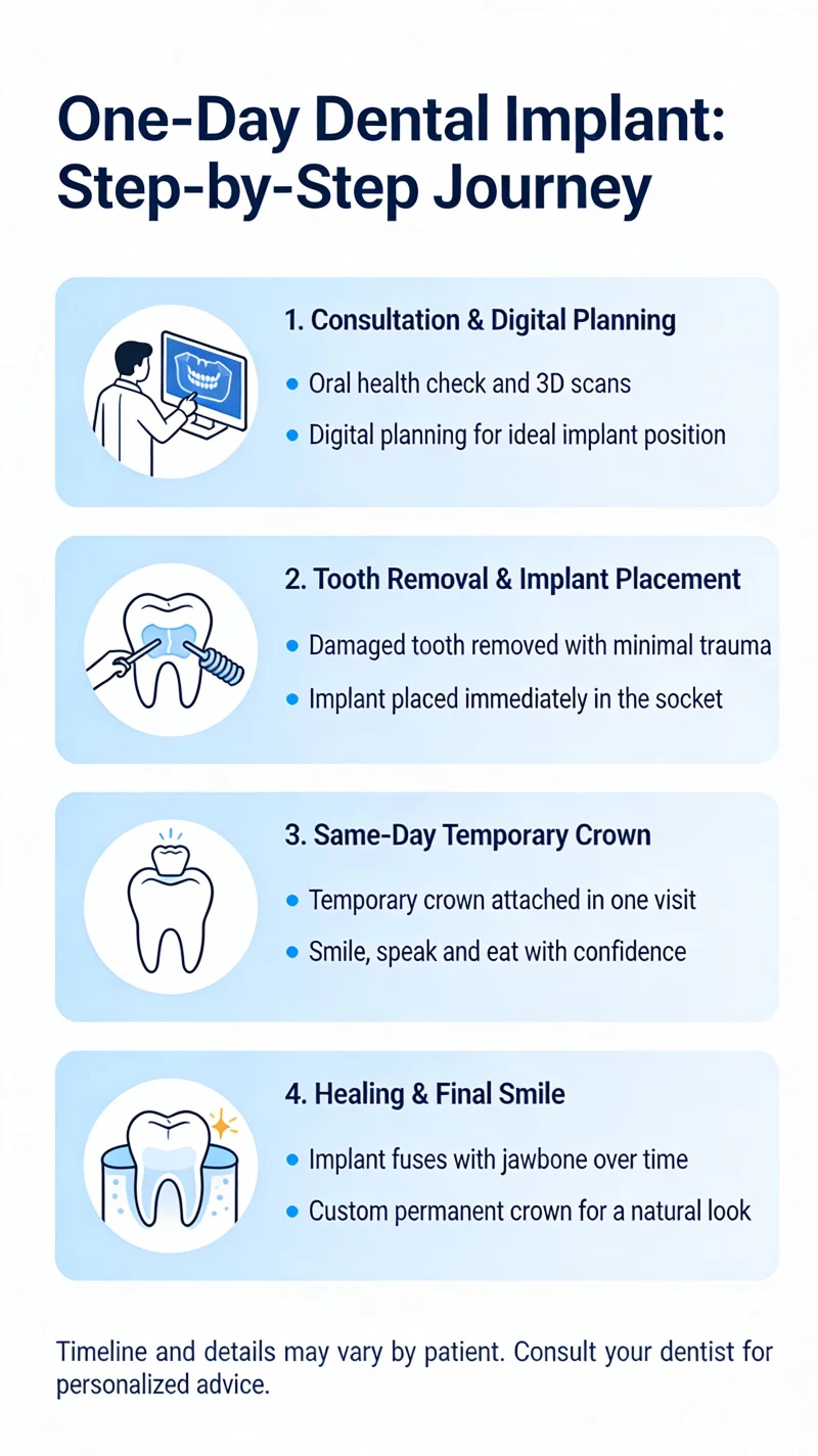 Transform your smile in a single visit. Same-day dental implants offer instant results, natural aesthetics, and long-lasting confidence.